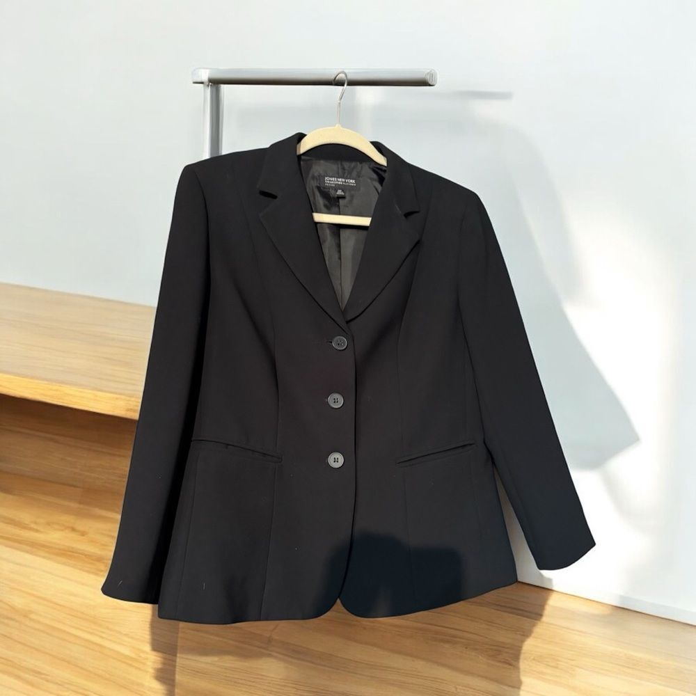 Jones New York Platinum Three Piece Black Suit 14W Blazer, Pants and Skirt